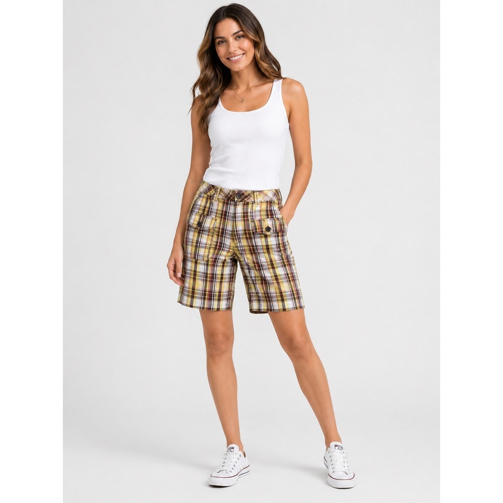 SO Wear It Declare It Plaid Bermuda Shorts Yellow Brown Pink Metallic Size 1